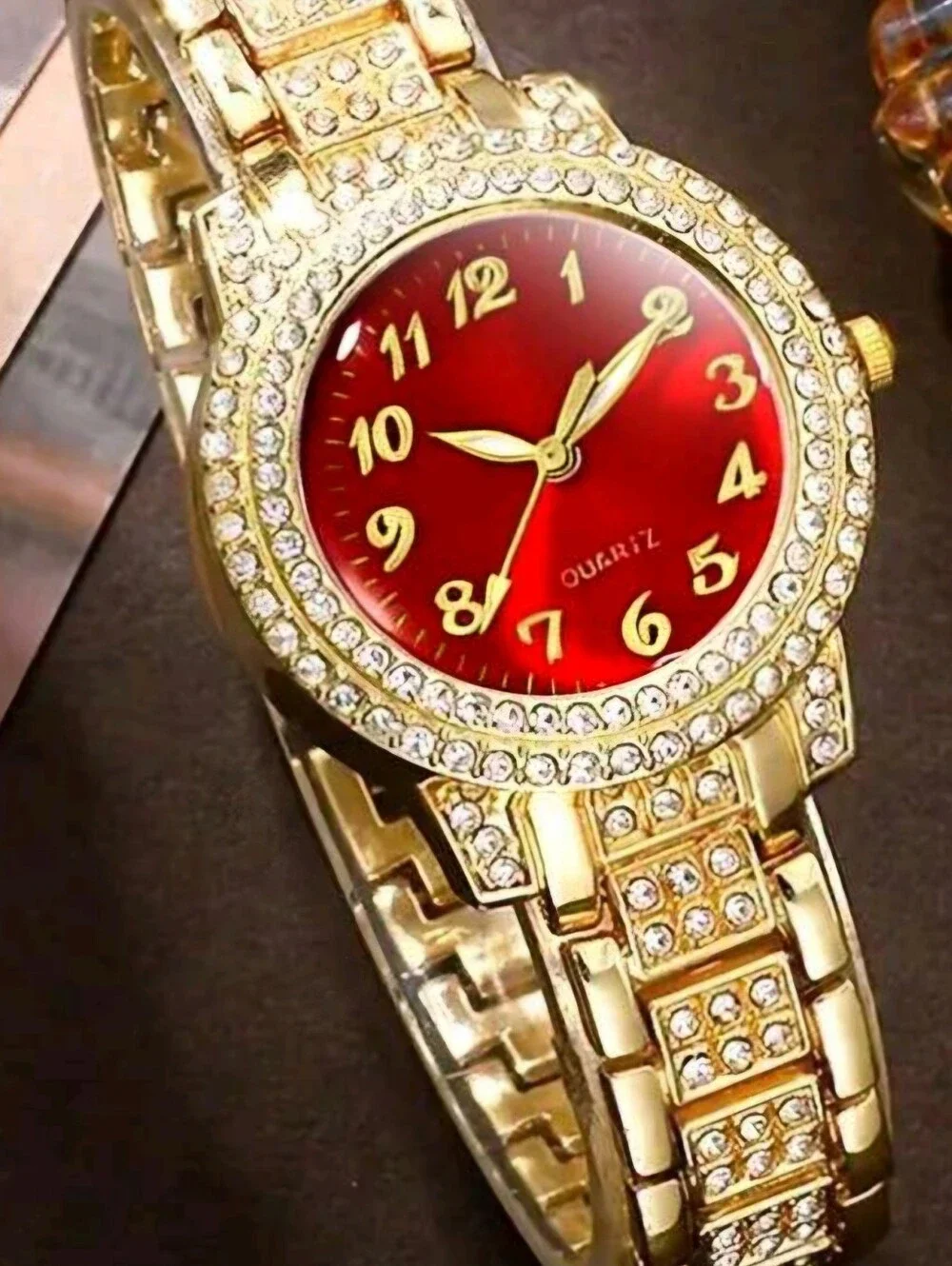 Ladies  Elegant Crystal Bling Gold Vermeil  Fashion Quartz Watch Bracelet Set